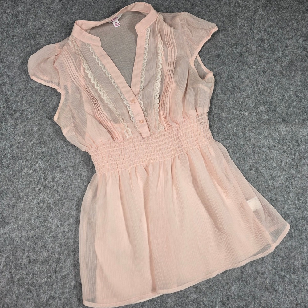 VTG Candies Chiffon Pink Top Lace Trim Empire Waist Medium Coquette Romantic Y2K